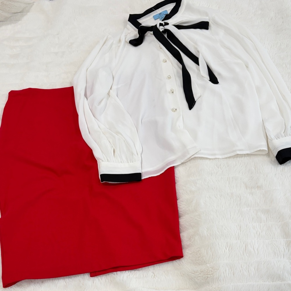 CeCe White Blouse and Red Skirt Set